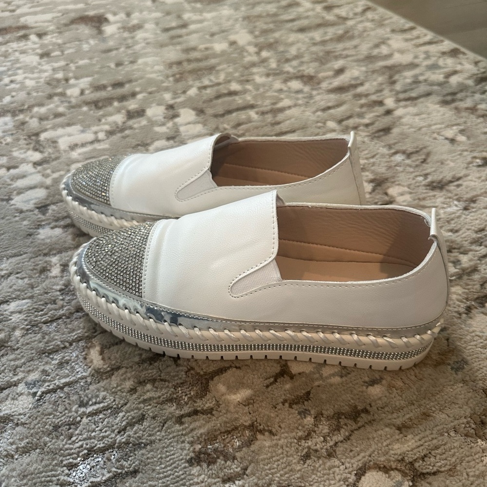 White rhinestone platform slip on sneakers
